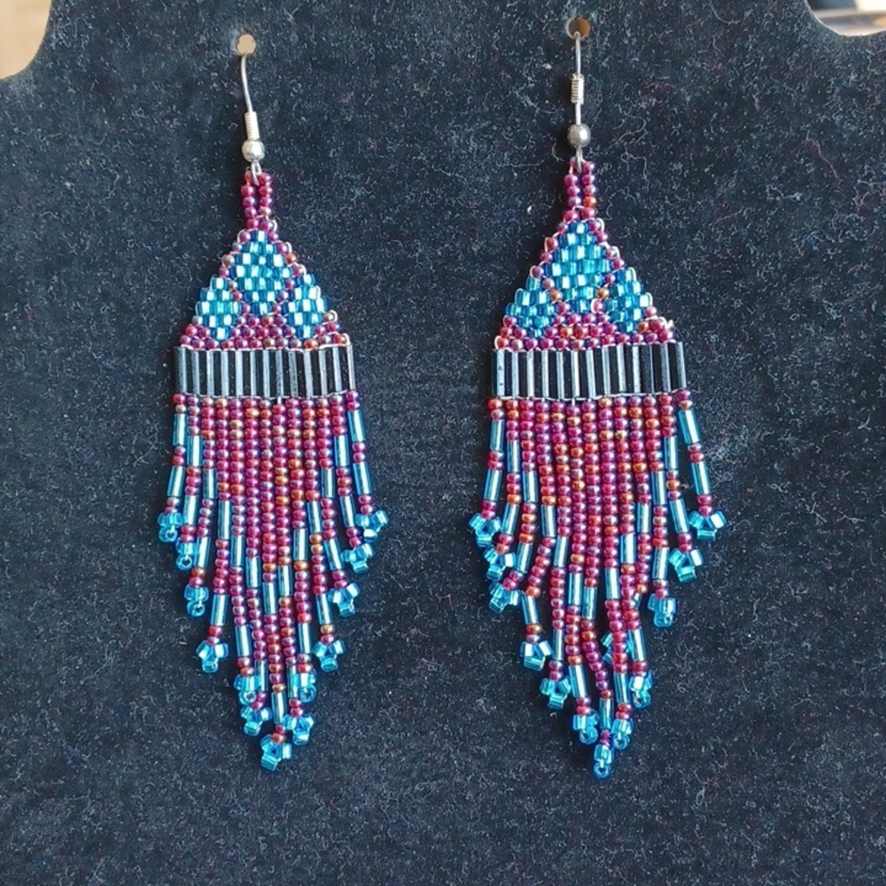 Hand-made earrings, Native design purple,  turquoise  & black